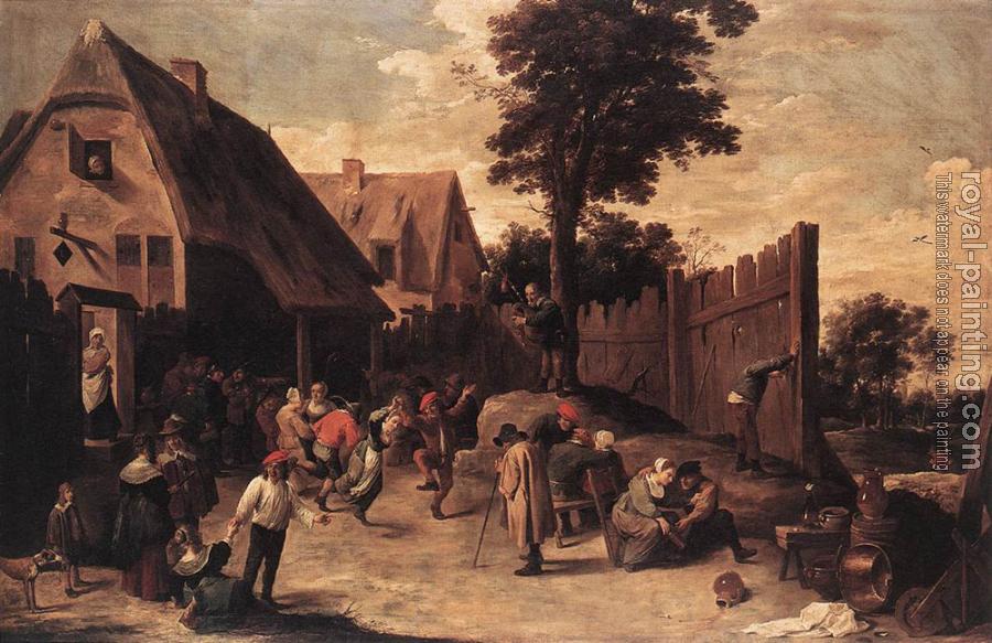 David Teniers The Younger : Peasants Dancing Outside An Inn